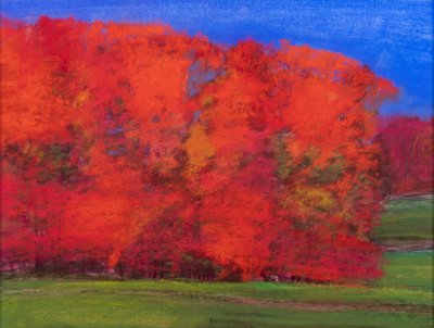 An abstract and blocky image of a landscape in the fall. The foreground is green grass, the midground is mainly overly bright red trees, and the background is a deep blue sky.